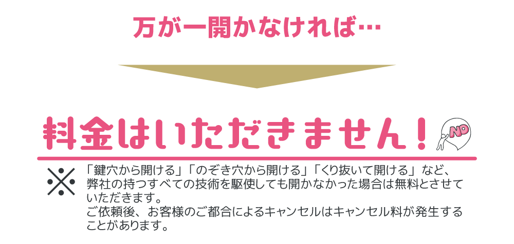万が一開かなければ料金はいただきません！※弊社のもつ全ての技術を駆使しても開かなかった場合は無料とさせていただきます。